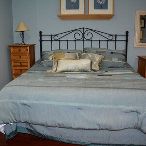 Blue King size comforter, bed skirt, 2 pillow shams, 3 decorative pillows